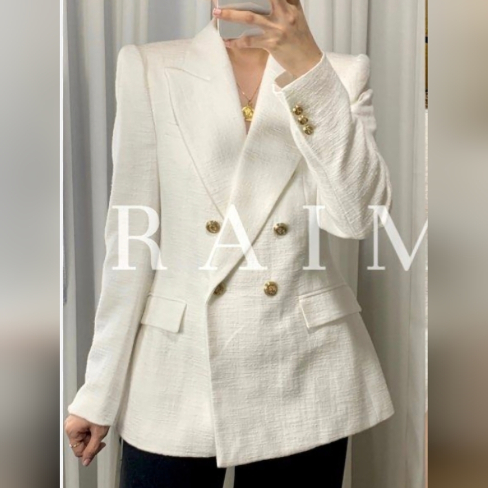 ZARA TWEED TEXTURED STRUCTURED BLAZER WHITE Size L